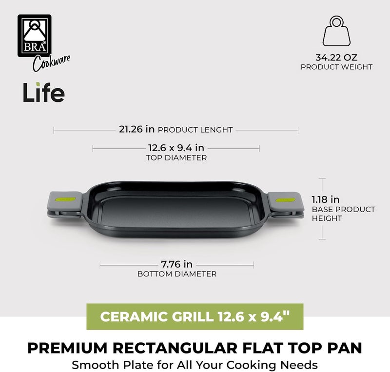 BRA COOKWARE Life Ceramic Nonstick Grill | 12.6 x 9.4 Inch Recycled Cast Aluminum Smooth Plate | Ceramic Non-Stick | Ceramic Non-Stick Coating | PFOA Free | All Cooktops| Removable Handles - Image 3